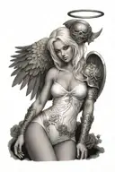 a sexy blond female angel as a warrior with some clouds, a rose and a Cross for a halfsleeve tattoo tattoo design idea