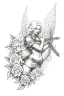 a sexy blond female angel as a warrior with some clouds, a rose and a Cross for a halfsleeve tattoo tattoo design idea