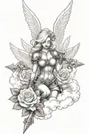 a sexy blond female angel as a warrior with some clouds, a rose and a Cross for a halfsleeve tattoo tattoo design idea