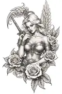 a sexy blond female angel as a warrior with some clouds and a rose for a halfsleeve tattoo tattoo design idea