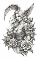 a sexy blond female angel as a warrior with some clouds and a rose for a halfsleeve tattoo tattoo design idea