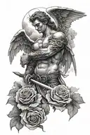 an angel as a warrior with some clouds and a rose for a halfsleeve tattoo tattoo design idea