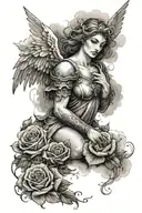 an angel as a warrior with some clouds and a rose for a halfsleeve tattoo tattoo design idea