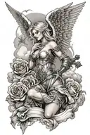 a sexy blond female angel as a warrior with some clouds, a rose and a Cross for a halfsleeve tattoo tattoo design idea