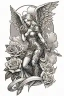 a sexy blond female angel as a warrior with some clouds, a rose and a Cross for a halfsleeve tattoo tattoo design idea