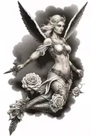 a sexy blond female angel as a warrior with some clouds, a rose and a Cross for a halfsleeve tattoo tattoo design idea