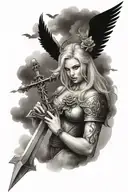 a sexy blond female angel as a warrior with some clouds, a rose and a Cross for a halfsleeve tattoo tattoo design idea
