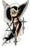 a sexy blond female angel as a warrior with some clouds, a rose and a Cross for a halfsleeve tattoo tattoo design idea
