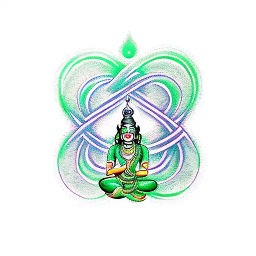 infinity loop on hand in green colour and ' om nama shivaye' is written inside loop in red colour  tattoo design idea
