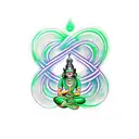 infinity loop on hand in green colour and ' om nama shivaye' is written inside loop in red colour  tattoo design idea