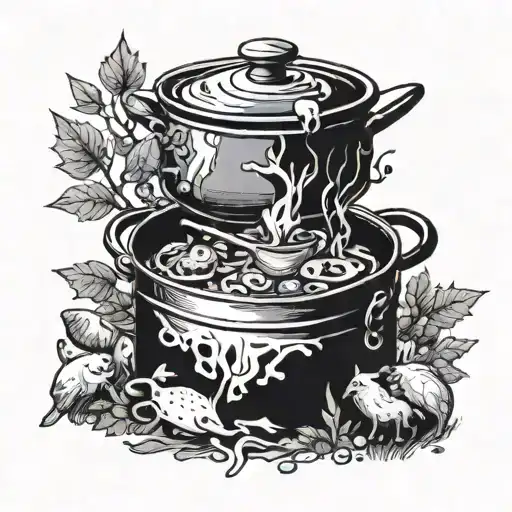 A cooking pot surrounded by no emotions and social anxiety creatures in a nature setting tattoo design idea