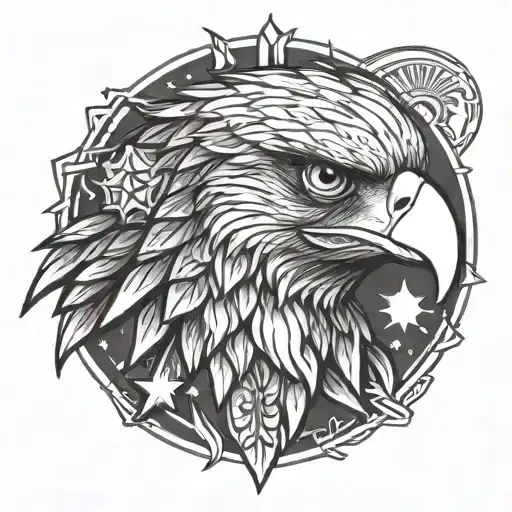 philippine eagle head with sun and three stars on top tattoo design idea