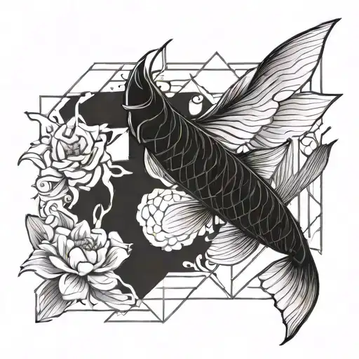 A geometric blackwork design of a koi fish transforming into a paintbrush, reflecting the client's dual interests in koi no yokan and artistry tattoo design idea