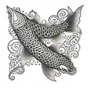 An intricate tribal pattern incorporating elements of koi fish, representing the client's love for koi no yokan and tribal art tattoo design idea