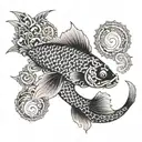 An intricate tribal pattern incorporating elements of koi fish, representing the client's love for koi no yokan and tribal art tattoo design idea