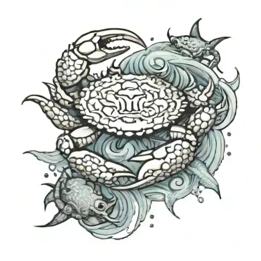 cancer crab trapped in an Aquarius water barrier reef sharks tattoo design idea