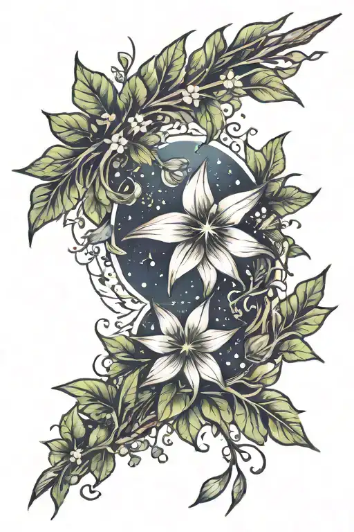 shooting star shoulder to collarbone sleeve with leaves wrapped around the bicep tattoo design idea