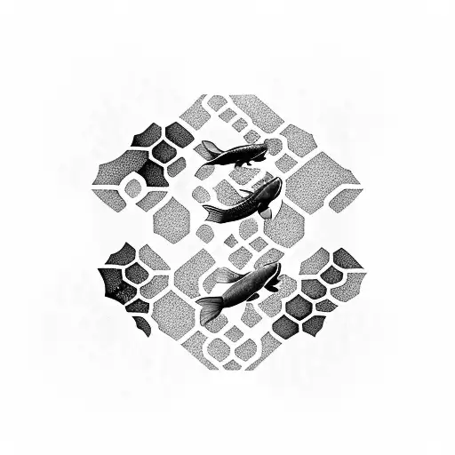 Koi fish swimming in a honeycomb pattern tattoo design idea