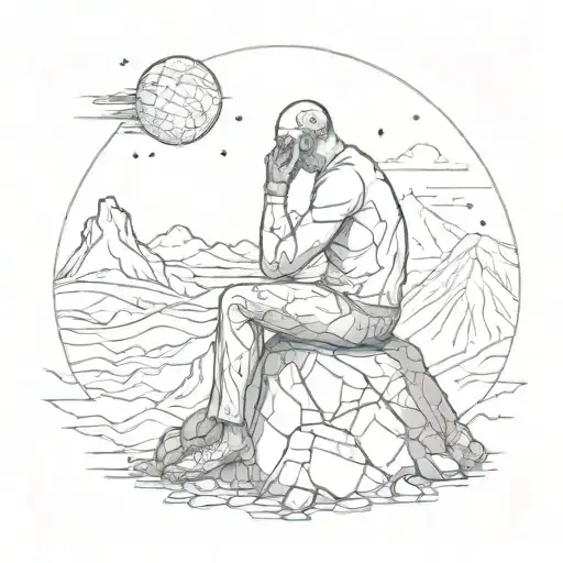 A surreal image of a person with a brain chip implant sitting on a mountain peak, contemplating the mysteries of the universe, inspired by your interest in absurdist philosophy tattoo design idea