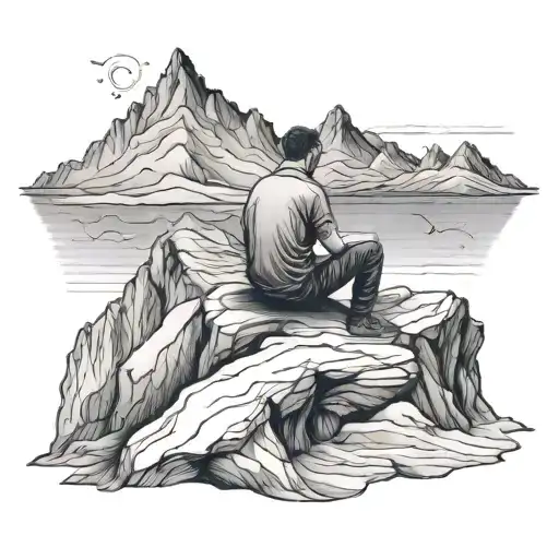 surreal image of person sitting on mountain, contemplating mysteries of universe, inspired by absurdist philosophy tattoo design idea