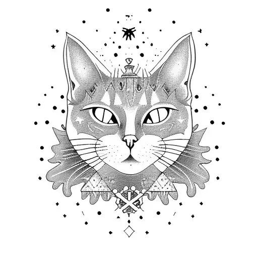 A witchcraft inspired tattoo featuring a mystical cat surrounded by constellations tattoo design idea