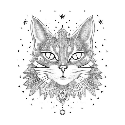 A witchcraft inspired tattoo featuring a mystical cat surrounded by constellations tattoo design idea