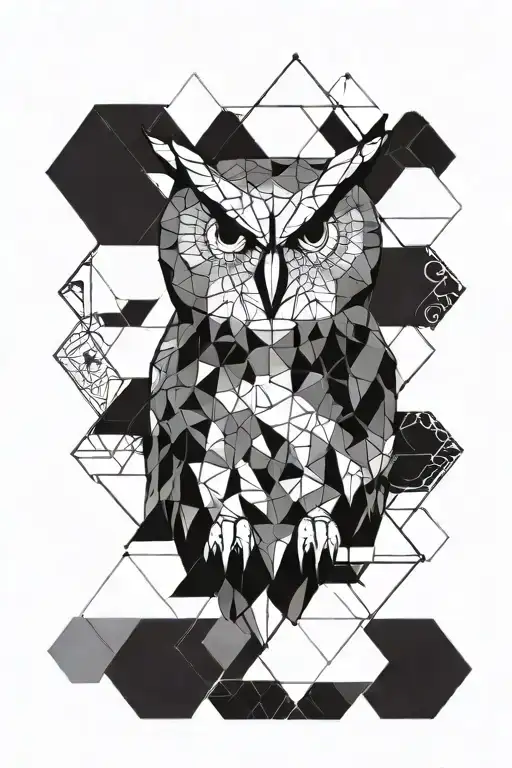 A geometric owl design incorporating triangles and hexagons, inspired by video games tattoo design idea