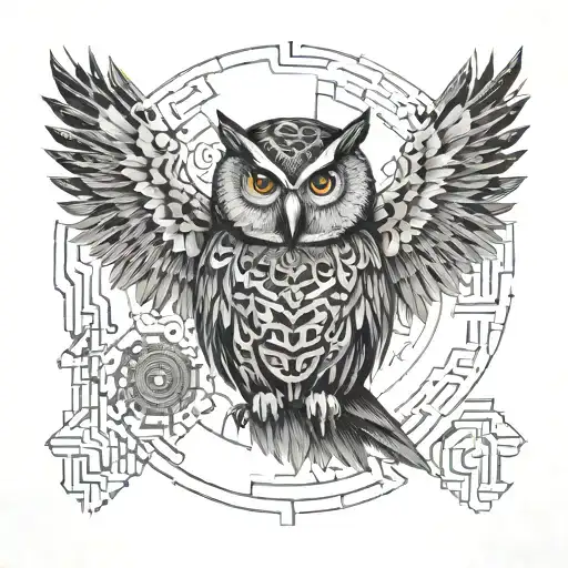 An intricate geometric pattern resembling a circuit board with an owl perched in the center tattoo design idea