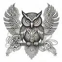 An intricate geometric pattern resembling a circuit board with an owl perched in the center tattoo design idea