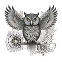 An intricate geometric pattern resembling a circuit board with an owl perched in the center tattoo design idea