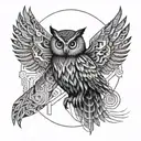 An intricate geometric pattern resembling a circuit board with an owl perched in the center tattoo design idea