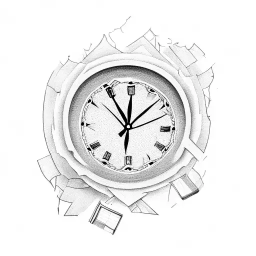 A clock with shattered pieces, depicting the concept of time healing a broken heart tattoo design idea