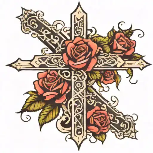 cross with rosas con Rosario  tattoo design idea