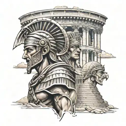An arm tattoo which has a Roman soldier with coliseum behind, greek with partenon and pharaoh with pyramids   tattoo design idea