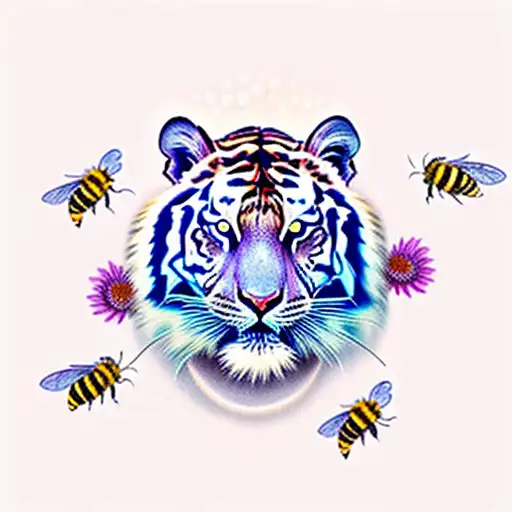 Delicate Tiger with blue eyes, with wildflowers, bees tattoo design idea