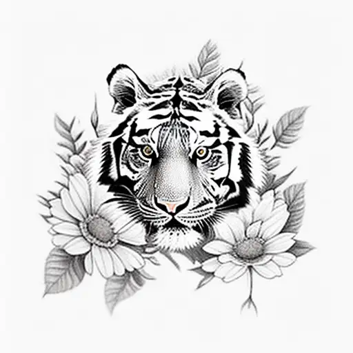 Cute Tiger with blue eyes, with flowers, bees tattoo design idea