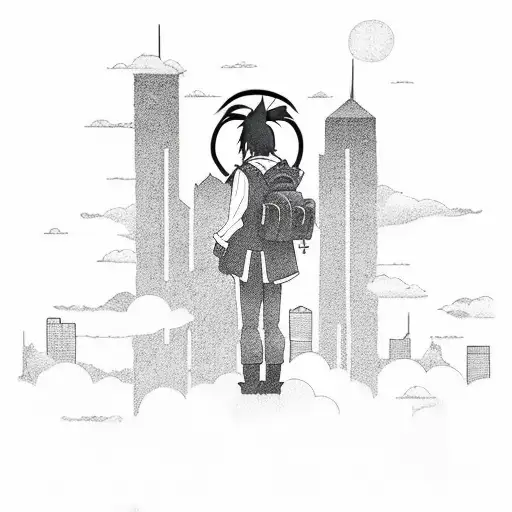 Create a minimalist silhouette tattoo of Itachi Akatsuki overlooking a city skyline tattoo design idea