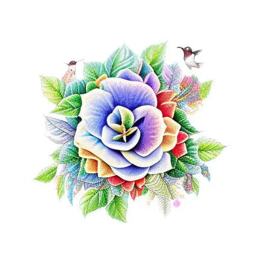 multi different colorful gardenias with vines andhummingbirds that covers shoulders and back tattoo design idea