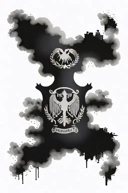 Albanian flag in clouds with Detroit skyline underneath tattoo design idea