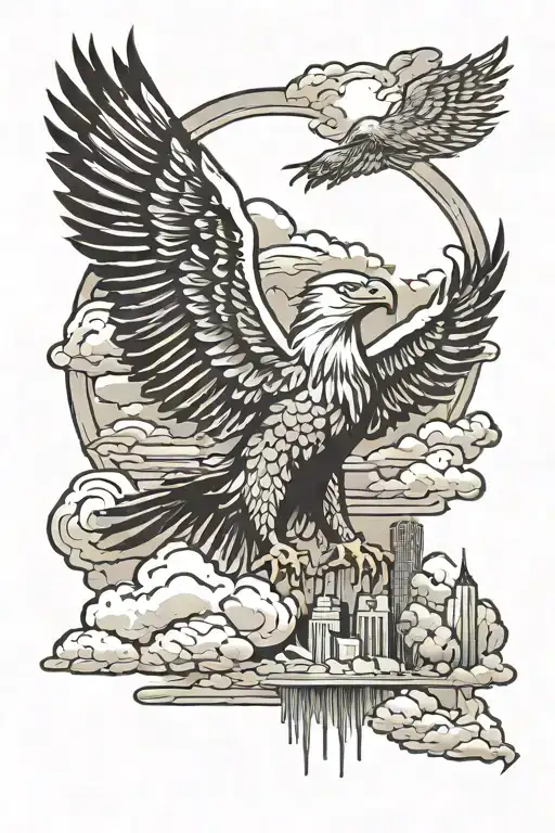 Clouds with Albanian eagle and the Detroit skyline tattoo design idea