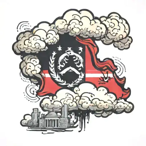Albanian flag in clouds with Detroit skyline underneath tattoo design idea