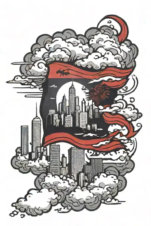 Albanian flag in clouds with Detroit skyline underneath tattoo design idea