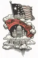 Albanian flag in clouds with Detroit skyline underneath tattoo design idea