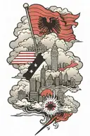 Albanian flag in clouds with Detroit skyline underneath tattoo design idea