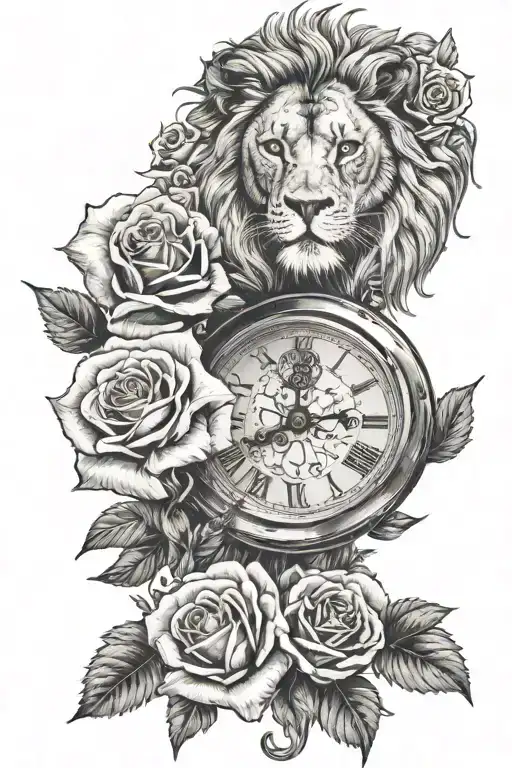 lion and roses and a clock tattoo design idea