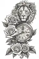 lion and roses and a clock tattoo design idea