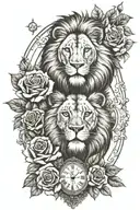 lion and roses and a clock tattoo design idea