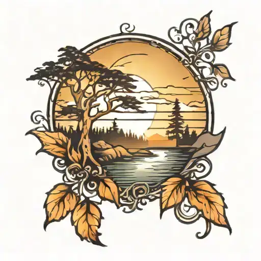 half sun rising with Forest faded in back ground with color  tattoo design idea