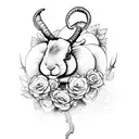 a mystical forest with a ram rabbit surrounded by roses and swords tattoo design idea
