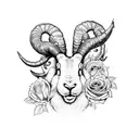 a mystical forest with a ram rabbit surrounded by roses and swords tattoo design idea